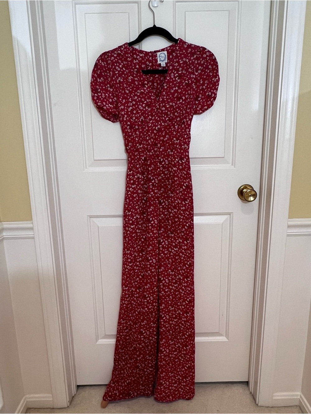 Blue Rain Red Floral Puff-Sleeve Jumpsuit
